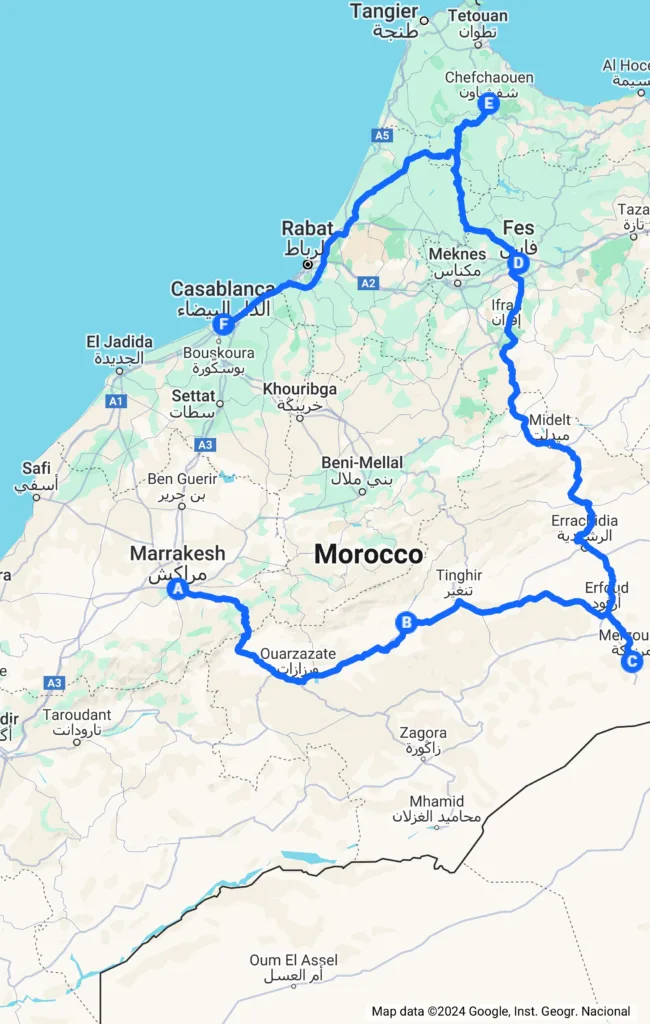 Marrakech Boumalne Merzouga Fes Chefchaouen Casablanca Map